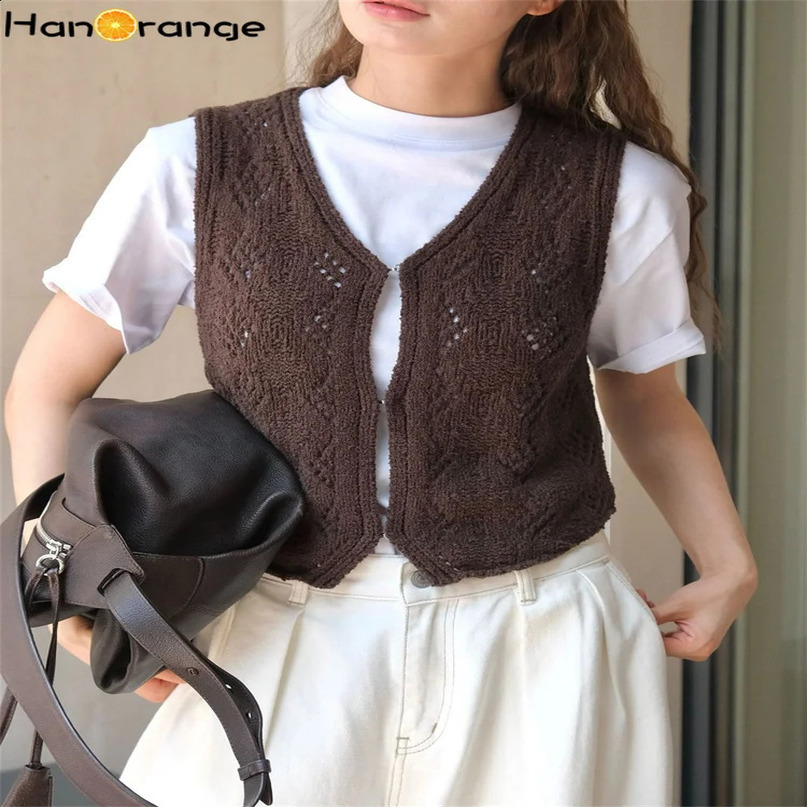 HanOrange Autumn Knight Hollow Diamond Grid Knitted Vest Womens Flexible Sleeveless Sweater Top AlmondCoffee 240819