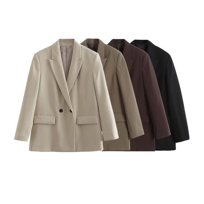 Women's Suits Blazers TRAF Women Fashion Double Breasted Loose Fitting Blazer Coat Vintage Long Sleeve Pockets Female Outerwear Chic Veste Femme 