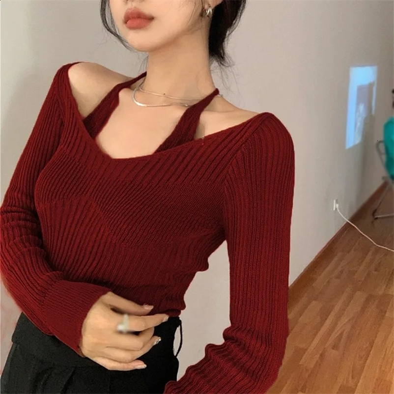Womens Korean style long sleeved sweater shoulder sexy knitted latte art skydiving sweater knitted sweater casual loose shirt 241231