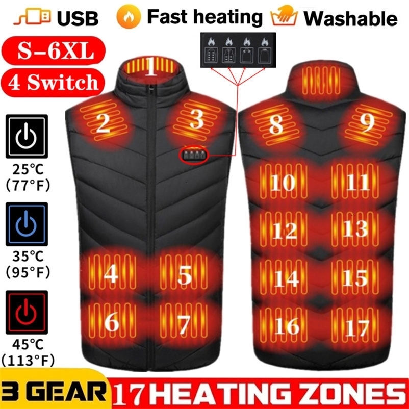 Men's Vests 17 Areas Electric Heating Coat Winter Usb Heated Jacket Man Outdoor Hiking Thermal Waistcoat Women Heater 6XL 221121