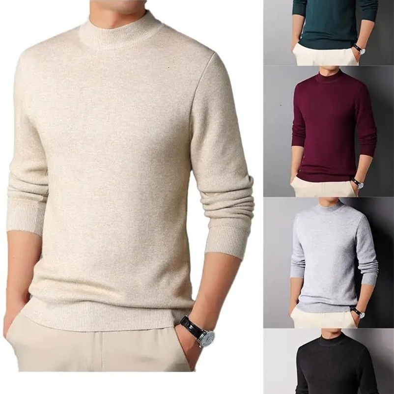 Men's Sweaters Pullovers Mock Neck Men's Cashmere Sweater Winter Wear Thin Undershirt Men's Clothing Solid Long Sleeve Knitted Sweaters