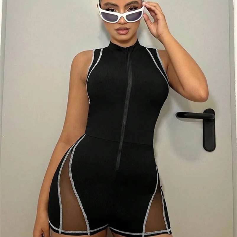 Adhesive Fashion Mesh Patchwork Playsuits Women Striped See Through Zip-up O-neck Sheath Fit Rompers Female Casual Summer One Piece 250225