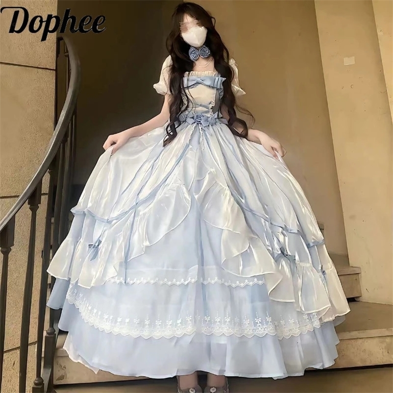 Dophee Original Lolita Long Dress Women Spring Summer Elegant Strap Ribbon Bow Ruffles Goddess Tail Length Dress Birthday Party 240716