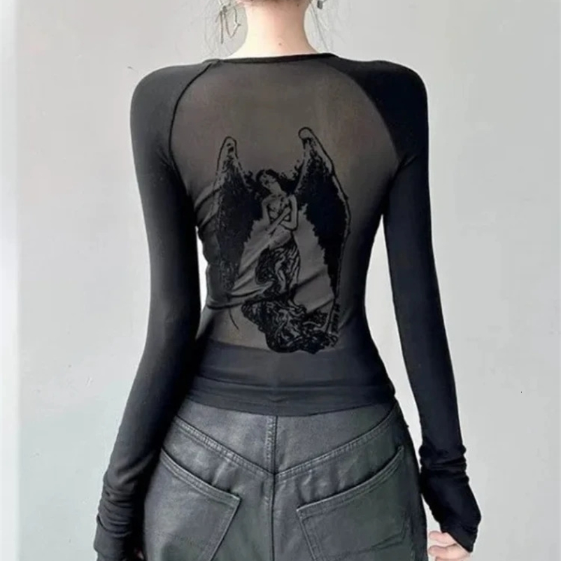 Black Retro Angel Print T-shirt for Women Spring Fashion Slim Fit Tee Shirt Y2k E-Girl Long Sleeve Bottoming Tops Mujer 240409