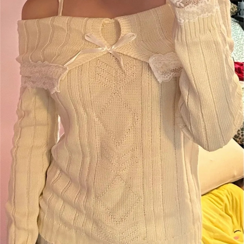 Y2K Grunge Aesthetics Pink Pullover Sweaters Vintage Off Shoulder Knit Long Sleeve Bow Lace Patchwork Jumpers Streetwear 250210