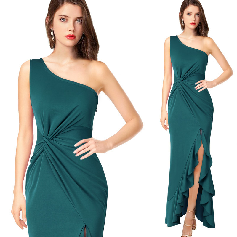 Evening Internet Celebrity Women's Summer Ruffle Hem Large Slit Floor-Length Solid Color Dress