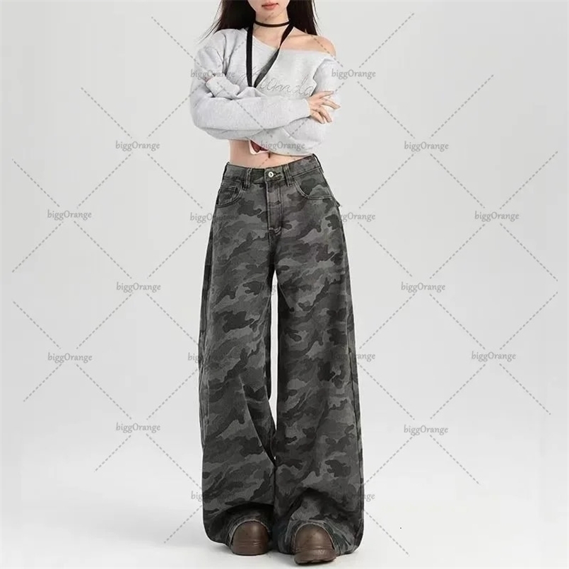 American Retro Camouflage Oversized Jeans Fashionable Loose Personality Street Hip-hop Trendy High Waist Wide-leg Straight Pants 250320