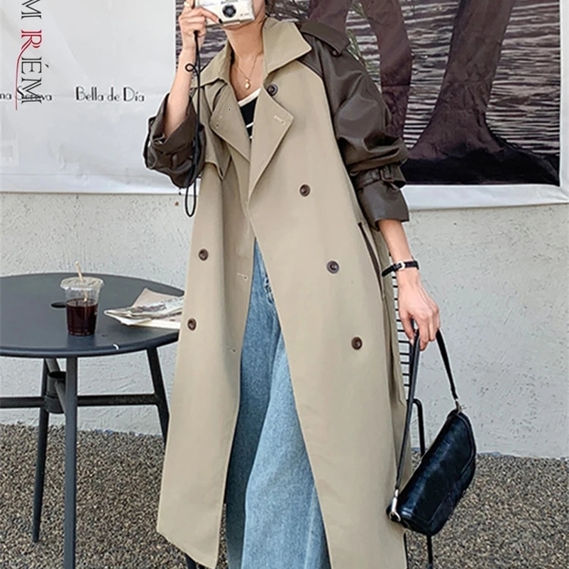 LANMREM Vintage Long Trench Coat Women Lapel Leather Spliced Sleeves Belt Double Breasted Windbreaker 2025 Spring 2AA2586 250118