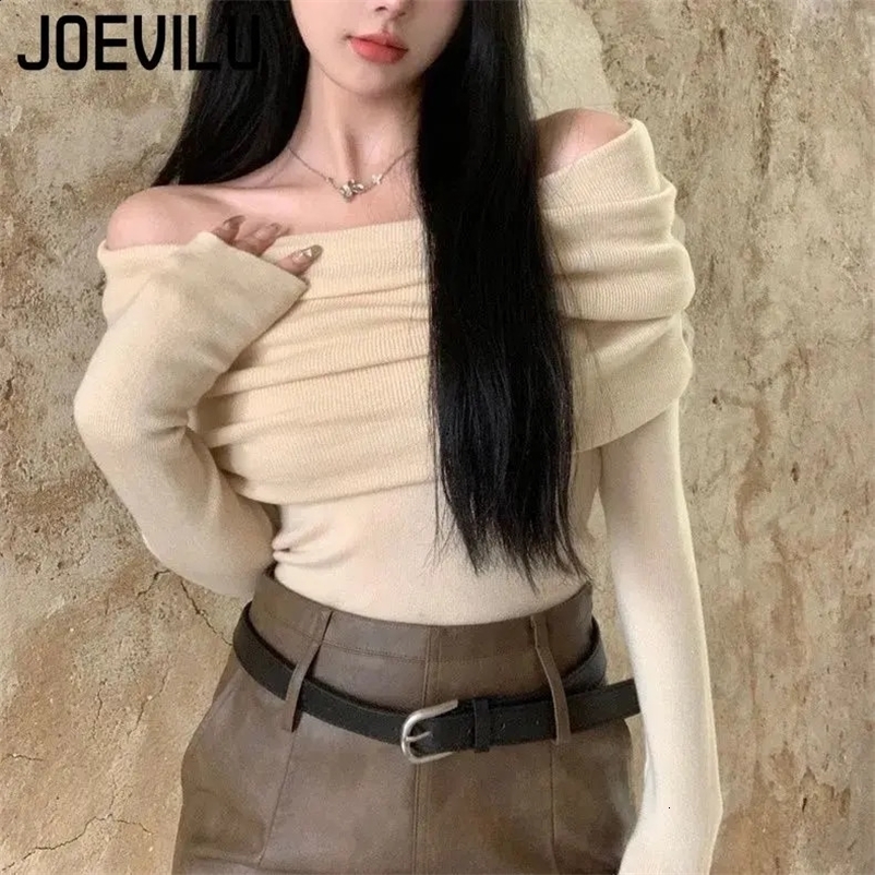 Off Shoulder Knitwear Jumper Korean Fashion Long Sleeve Top Ladies Chic Sweater Women Spring Sexy Skinny Bottoming Shirt 240911