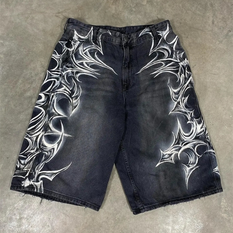 American retro Gothic Halloween geometric graffiti printed denim shorts mens Y2k low waist pocket knee length jeans Jorts shorts 241231