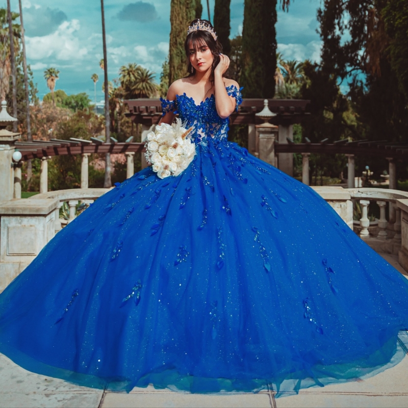 Royal Blue Shiny Quinceanera Dresses Off The Shoulder Applique Lace Beading Crystal Tull Party Birthday Sweet 16 Dress Vestidos 15 De Anos