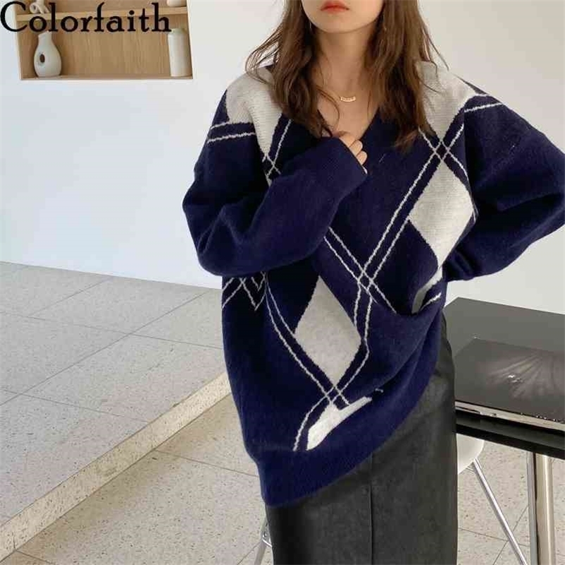 Colorfaith New Women's Autumn Winter Knitwear V-Neck Pullover Argyle Korean Oversize Elegant Vintage Lady Jumpers SW1160JX 210413