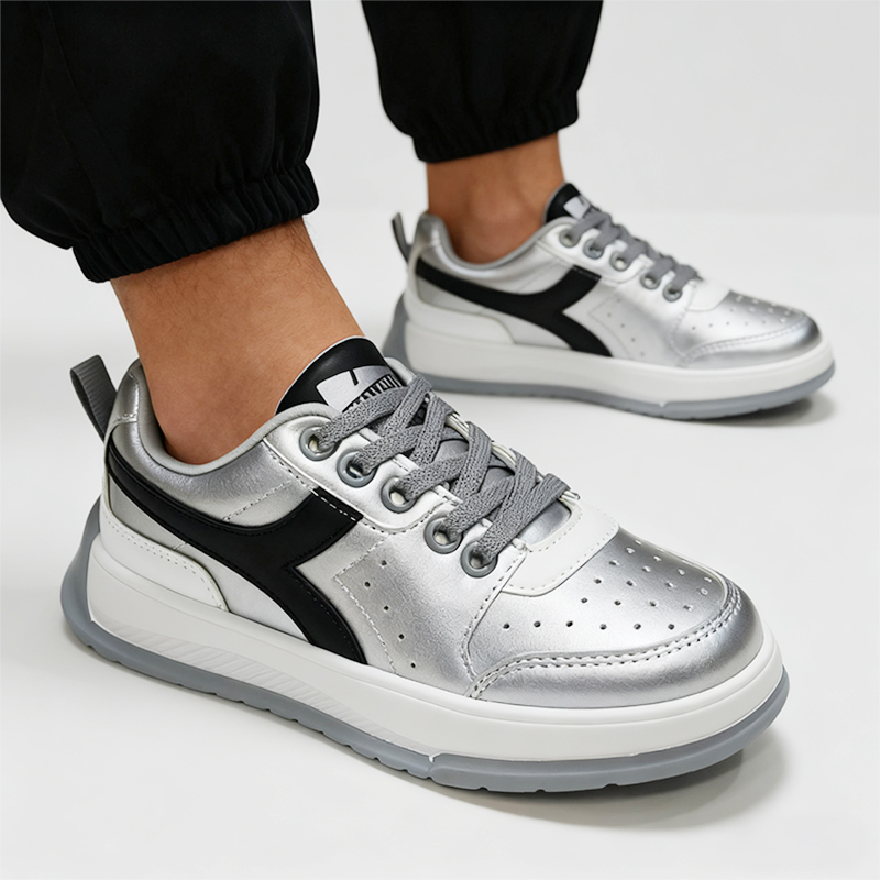 Casual Shoes Boys' Everyday Casual Sneakers - Black Leather with Burgundy Strip & Silver Detailing, Great for Play