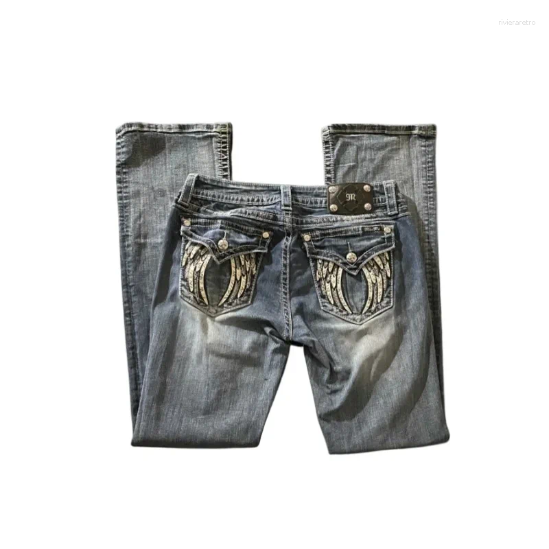 Women's Jeans Retro Miss Me Boot Cut Female Y2K Blue Embroidered Wing Pocket Hip Hop Harajuku Gothic Wide Pants Street Wear Z260313