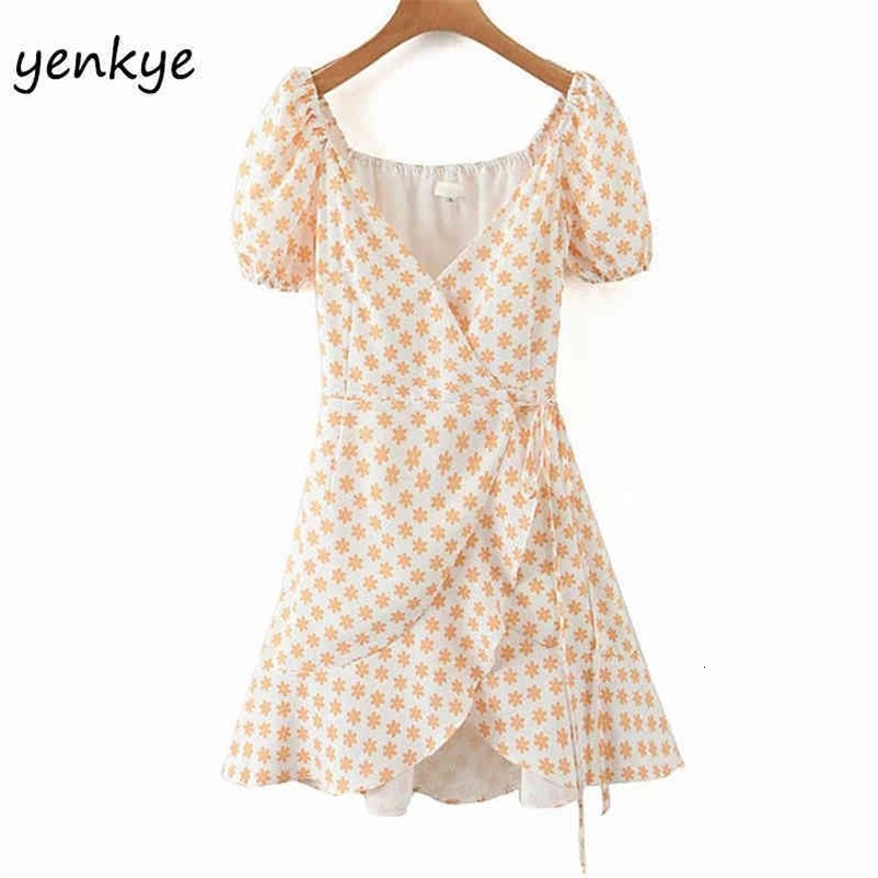 Yellow Floral Print Wrap Dress Sweet Women V Neck Short Sleeve Sundress robe femme A-line Mini Ruffle Holiday Summer Dress 210515
