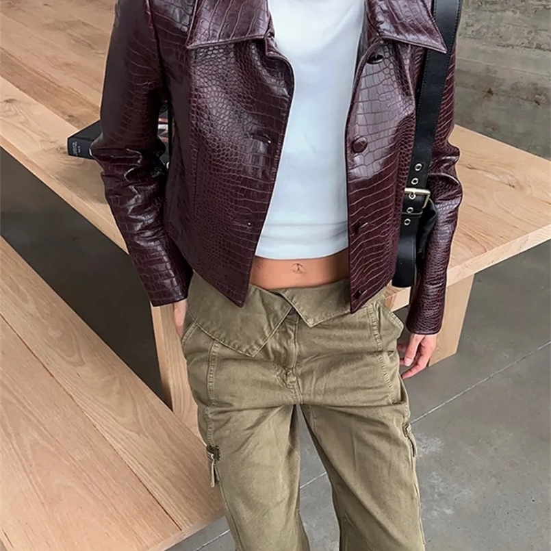 Chic Lapel Burgundy Single Breasted Litchi Leather Jacket Women Retro Solid Oversized Cropped Coat Lady Bomber Streetwear 241205