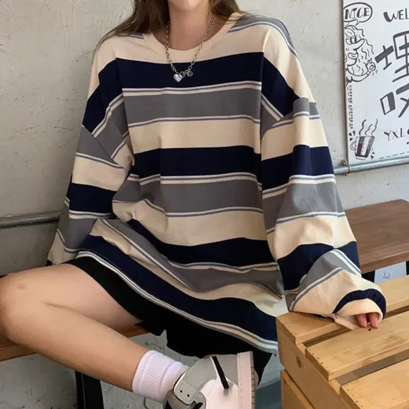 Womens Tshirt Summer Clothing Striped Top Sports Shirt Korean Fashion Long Sleeve Splicing Loose Couple 240820