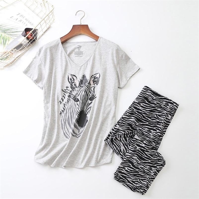 Women's Sleepwear Ladies Pajamas Set Summer/Spring Cartoon Zebra Printed Sleepwear V-Neck TopPants 2Pcs Korean Style Thin Large Size Homewear 230