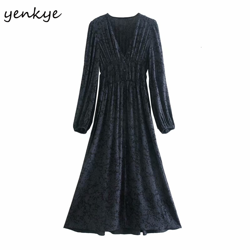 YENKYE Vintage Floral Print Long Dress Women V Neck Lantern Sleeve Slim A-line Sexy Slits Elegant Party Dress Vestido 210515