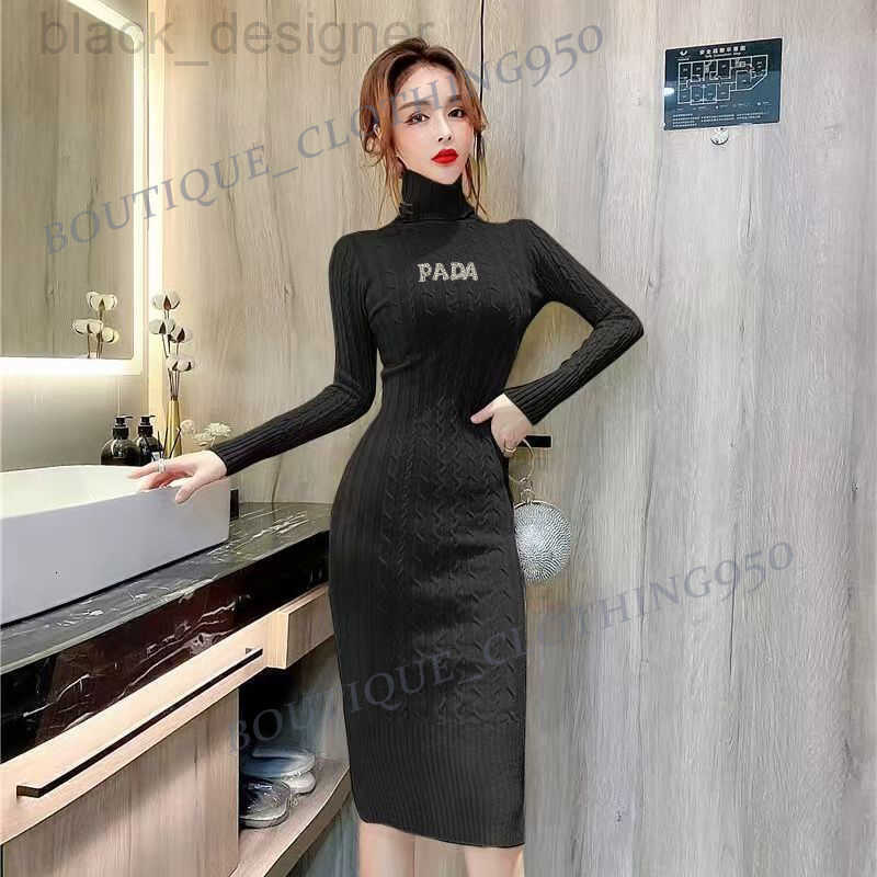 Basic & Casual Dresses designer Autumn/Winter New Interior Sexy High Collar Sweater Slim Hip hugging Knee over Goddess Knitted Dress A7OH
