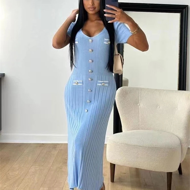 Elegant Knitted Long Dress Women Summer V Neck Single Breatsed Short Sleelve Bodycon Dresses Fashion Party Office Lady Vestidos 240703