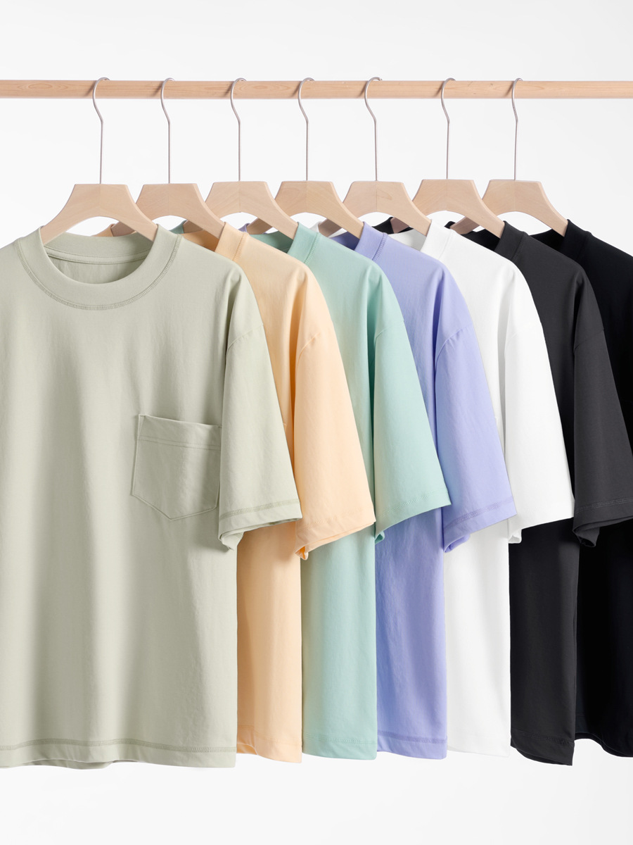 Men's College-Style Solid Color Ice-Feel Cotton T-Shirt - 230g, Loose Fit with Patch Pocket, Casual 3/4 Sleeve Menswear for Cool Comfort -59M