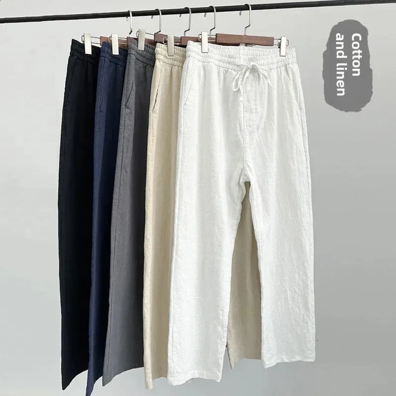 High quality linen mens spring thin Chinese cotton linen mens casual pants white loose fit straight - L 250427