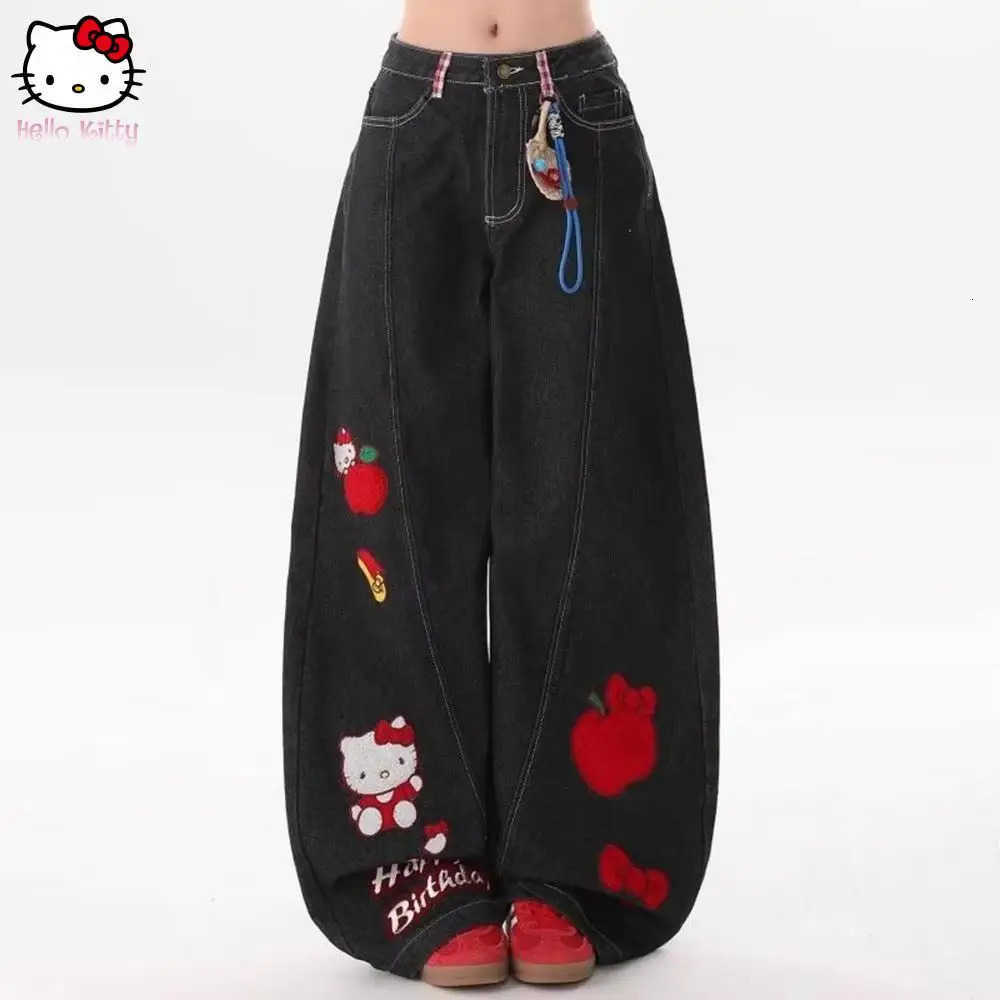 Sanrio Y2K Hello Kitty Loose Anime Wide Leg Pants Cute American Straight Leg Pants Sweet Girls Gift Cartoon Retro Women Jeans L2509251