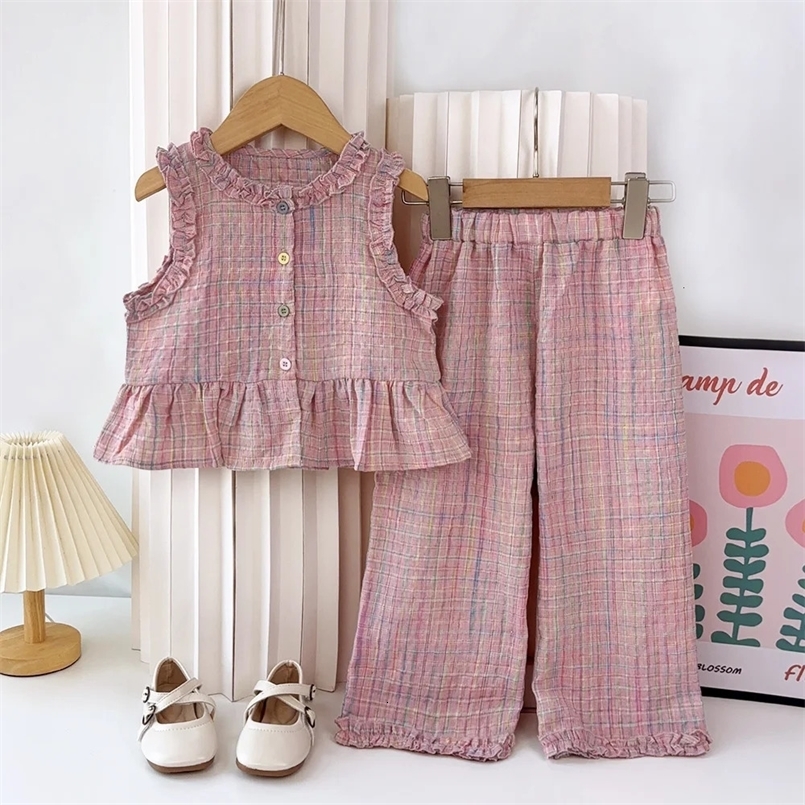 Pink Girls Summer Two-piece Set with Single Breasted Sleeveless Top and Casual Pants Childrens Sets Kids Clothes 250314