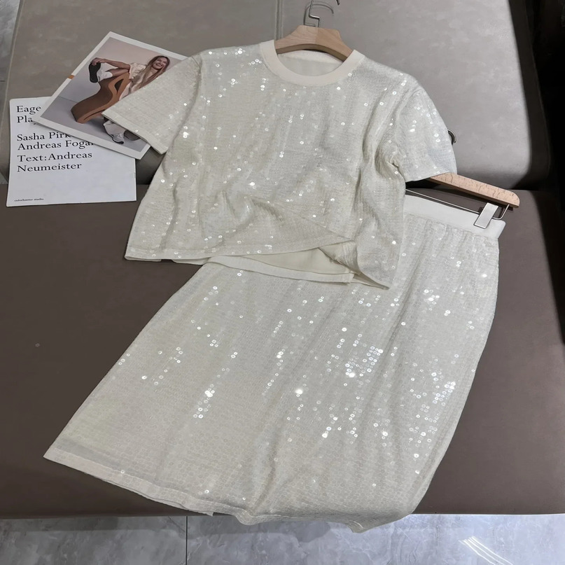 Spring Summer Heavy duty bead round neck loose short sleeve Tshirt top elastic waist Aline skirt woman twopiece set 240729