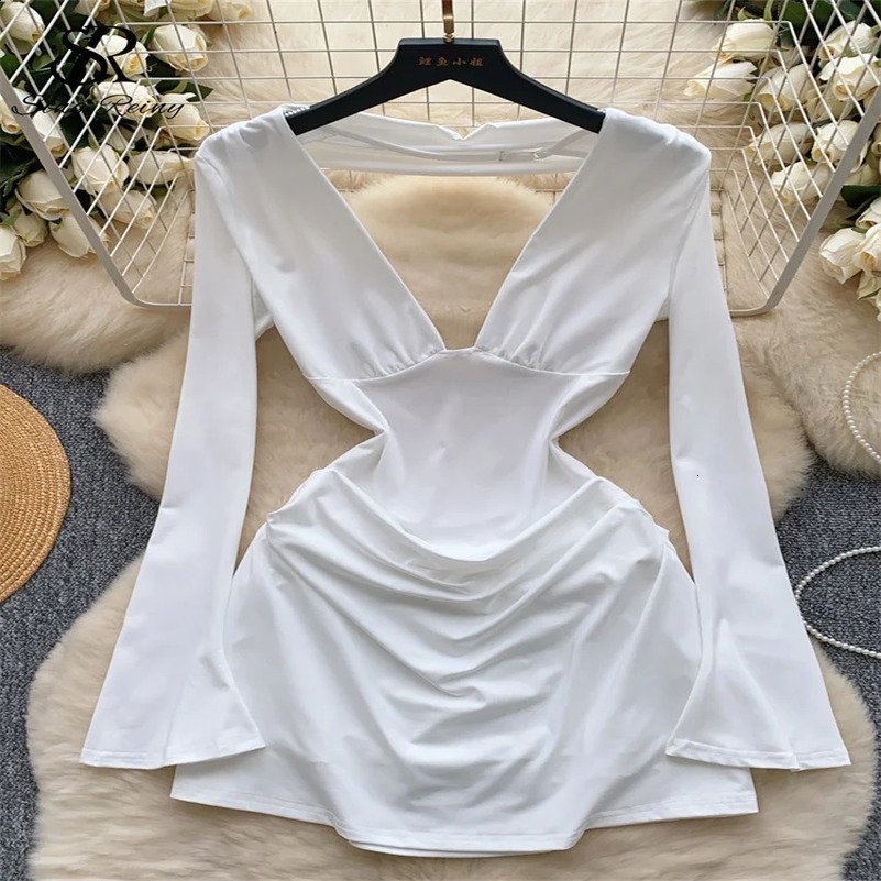 SINGREENY American Senior sexy dress deep V-neck long sleeved backless fashion womens spicy short skirt 250427