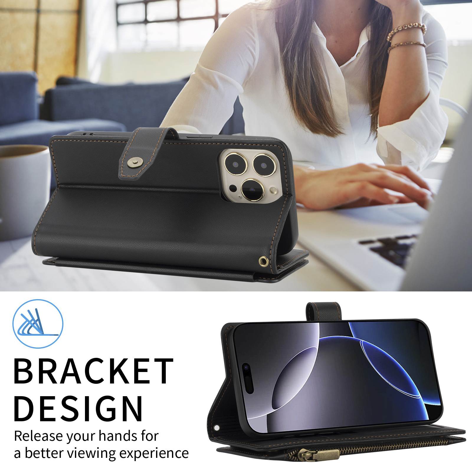 Quilted Leather Wallet Phone Case with Card Slots, Zipper & Wrist Strap, Protective Flip Cover for Mobile Phones