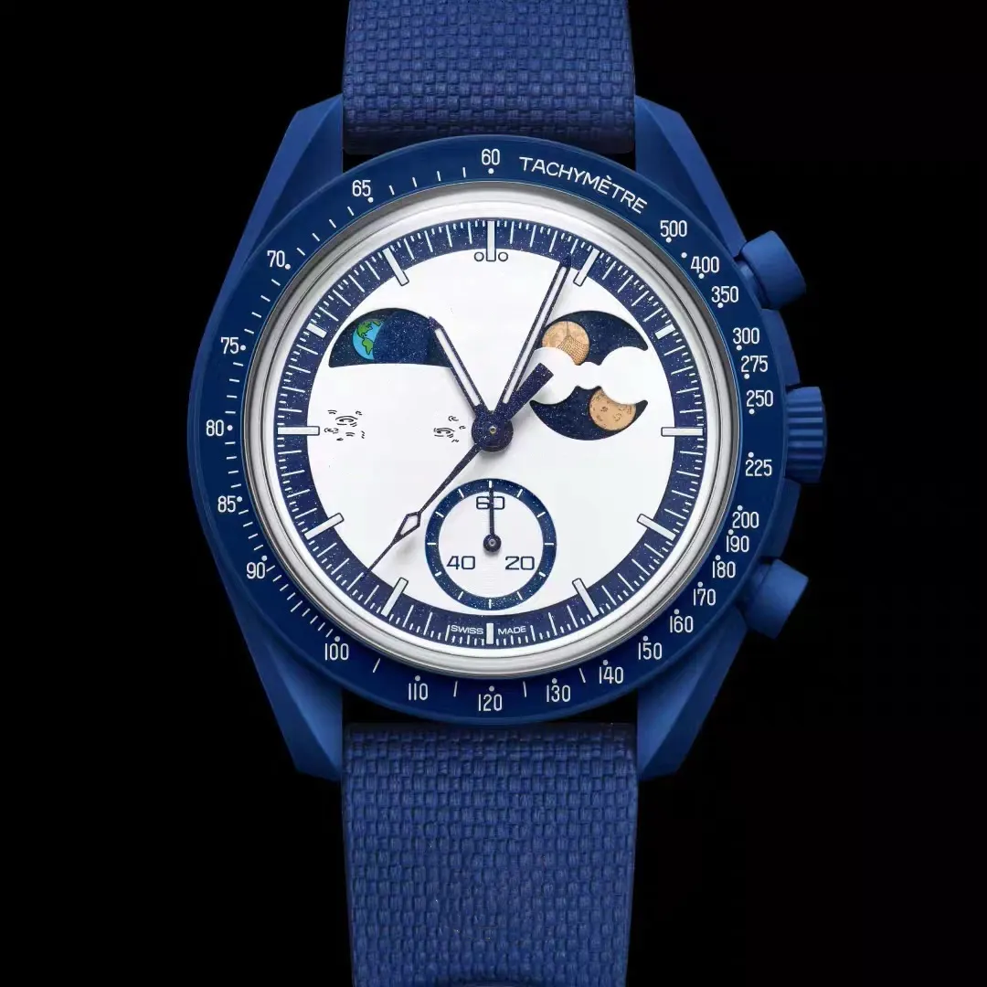 NEW Luxury Watch Bioceramic Planet Moon Mens Watches Full Function Quarz Chronograph Watch Mission To Mercury NEPTUNE 42mm Nylon Wristwatches