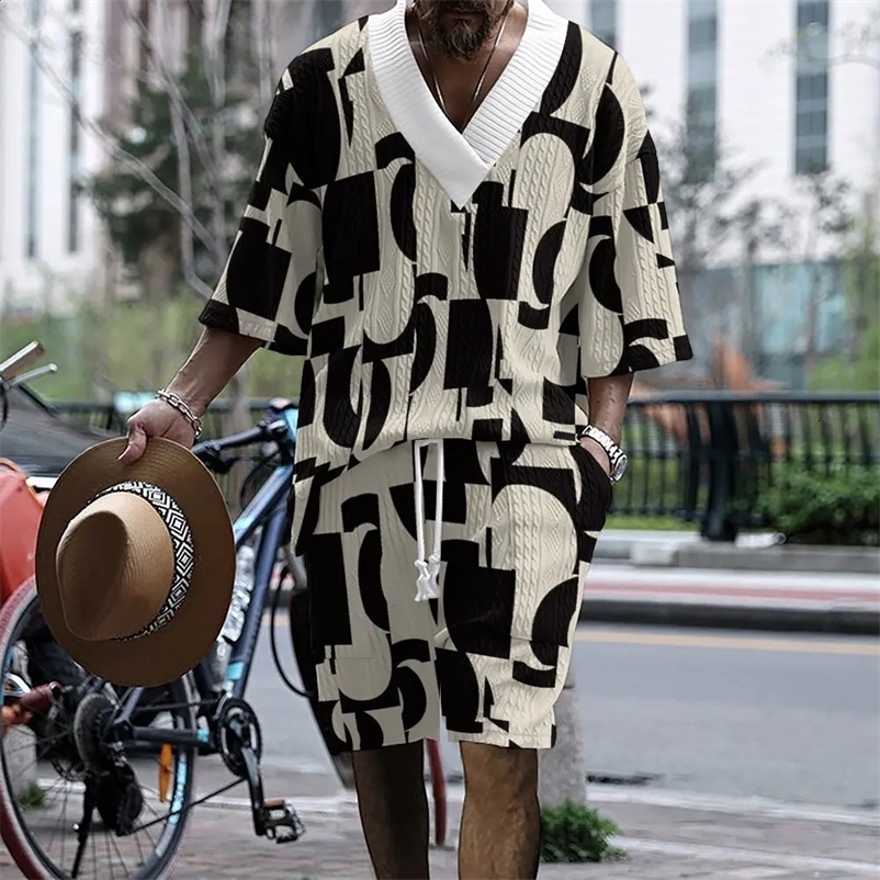 Summer 3D Printed Loose Size Casual Style Plus Size V-neck Knitted Mens T-shirt Two Piece Set 241203