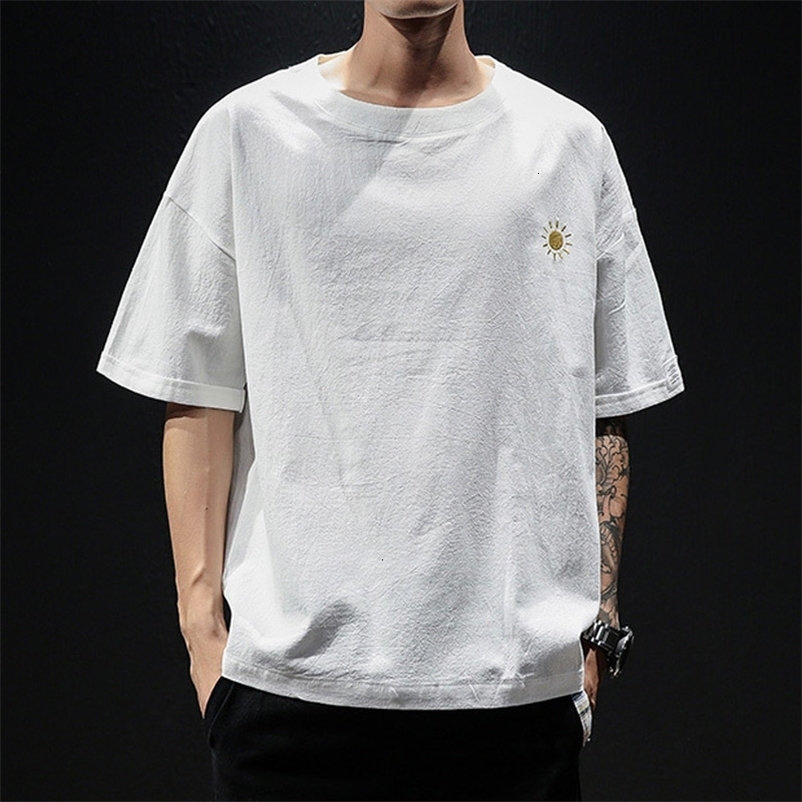 Men's T-Shirts Summer Men's Short-Sleeved T-shirt Cotton and Linen Casual Men's T Shirts Male Breathable Loose Hip Hop Embroidery Top T