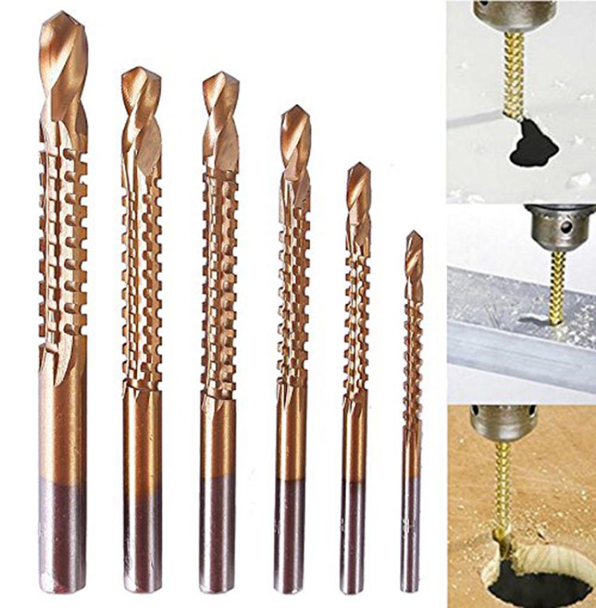 6pcs Titanium Coated HSS Drill Bit Set Electric Drill Plastic Metal Hole Grooving Saw Drills Wood Drilling Bits Carpenter Woodwork1863238