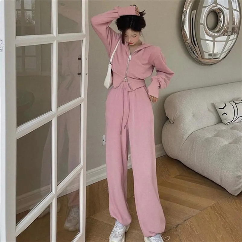 Double Zippers Knitted Suit Women Sweater Slit Casual Pants Winter Loose Two-Piece Set Woman Tracksuit 240809