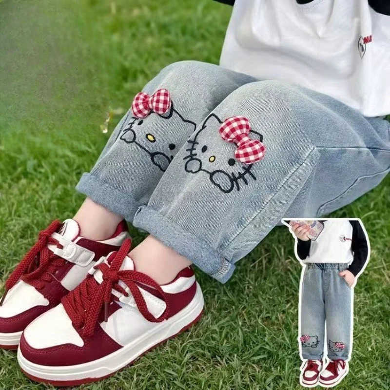 Sanrio Autumn Kawaii Hello Kitty Cute Cartoon Children Jeans Student Comfortable Warm Pants Loose Pants Birthday Gift for Kids L250925