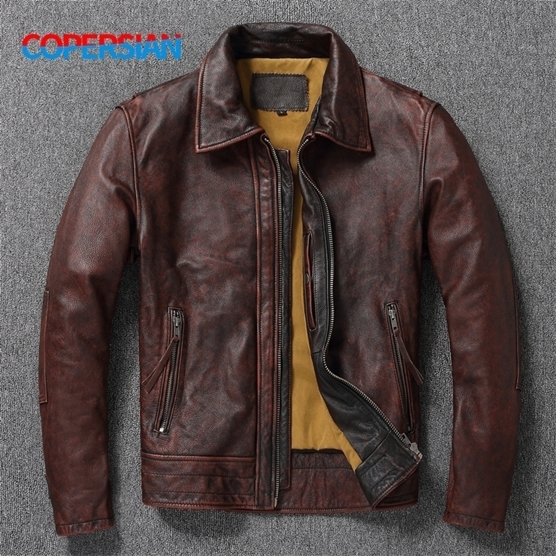 Men's Leather Faux Top layer Cow Oversized Jacket Red-Brown American retro Motorcycle Style Color Distressed High Sense Coat 221206