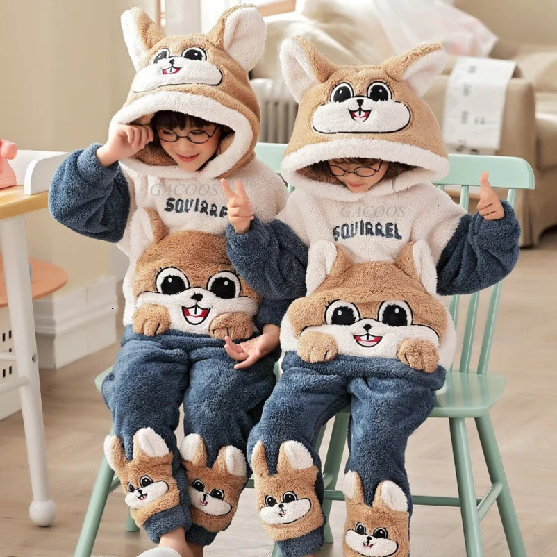 Winter Warm Youth Pajama Animal Cartoon Childrens Pajama Set Coral Velvet Plush Home Clothing Set Hooded Flannel Boys Pajama 241118