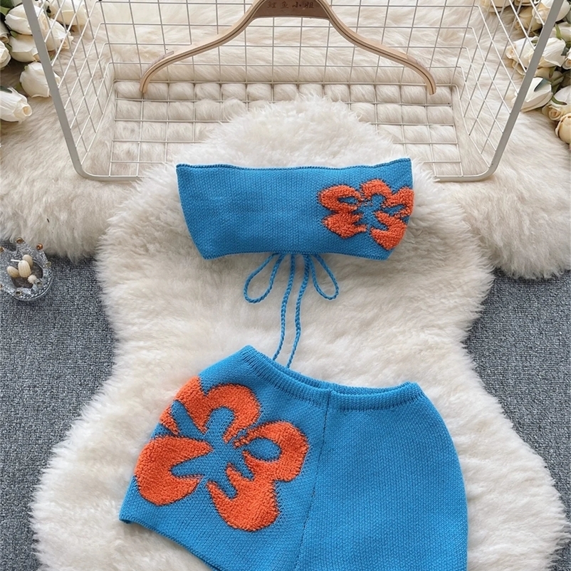 SINGREENY Bohemian Beach Style Knitted Set with Lace Bow No Back No Shoulder Strap Top and Patchwork Shorts Two Piece Set 250422