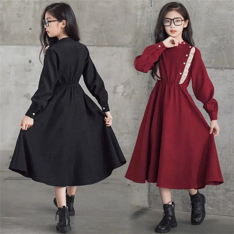 autumn winter College style Kids Baby girl clothes red long sleeve Dresses teenager preppy lace Sweet dresses 6-14Y 241219