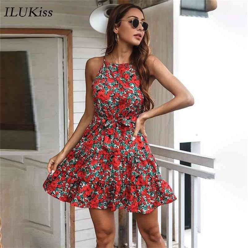 Summer Spaghetti Strap Women Mini Dress Fashion Clothing Sexy Strapless Sashes Floral Print Dresses Casual Elegant Vestidos 210630