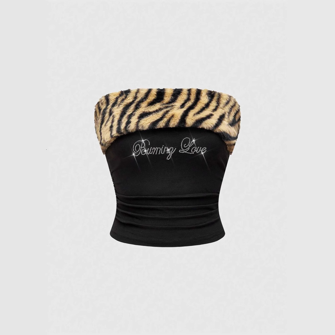 Sweet and Spicy Design Slim Fit Tight Plush Leopard Print Patchwork Crop Hot Girl Women's Tube Top Vest