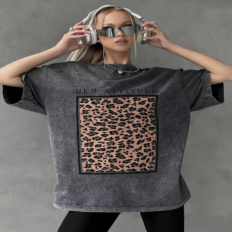 Cotton womens Tshirt attitude fashion leopard print top loose Oneck oversized short sleeved Y2k clothing 240814