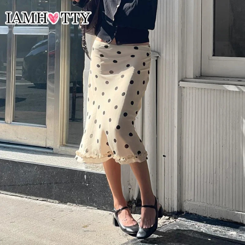 IAMTY Dot Print Mid calf Skirt Y2K Aesthetics Low waist Straight Skirts French Style Ruffle hem Pencil Skirts Fashion Women 250402
