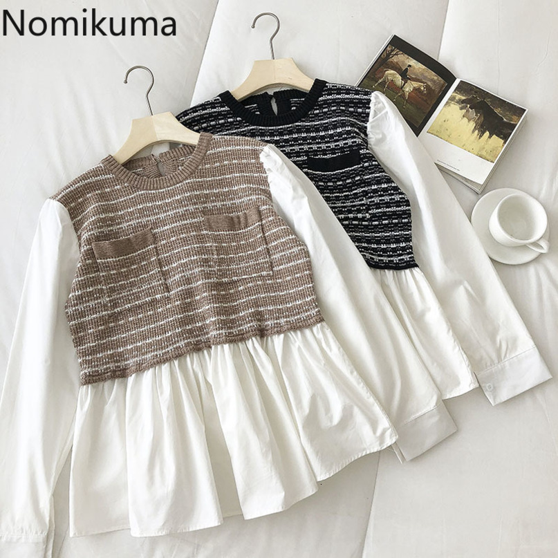 Nomikuma Stripe Patchwork Pockets Women Blouses Causal Long Sleeve O-neck Doll Shirt Spring New Korean Pullover Tops 6E095 210427