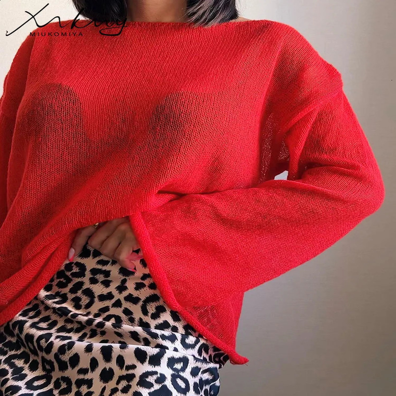 T Shirts Oversize Thin Knitted Pullovers Women Summer Trumpet Long Sleeve Shirt For Loose Top Tees Transparent Sweater 240730