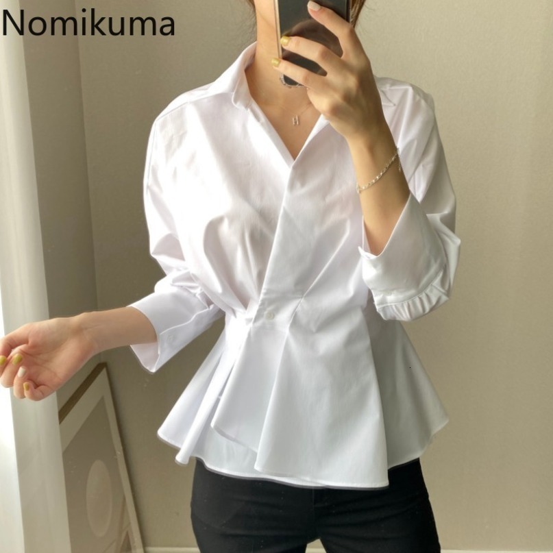Nomikuma Chic Korean Pleated Slim Waist Women Blouse Long Sleeve Turn-down Collar Elegant Shirt Autumn New Blusa Top 6C504 210427