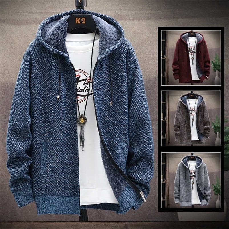 Fall and winter warm hooded sweater plus plush thickened sweater zipper cardigan thick casual jacket men's clothing 210929